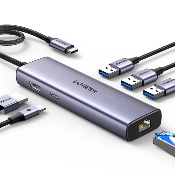 Adaptér 1v6 UGREEN CM512 USB-C na 3x USB A 3.0, HDMI, RJ45, převodník PD