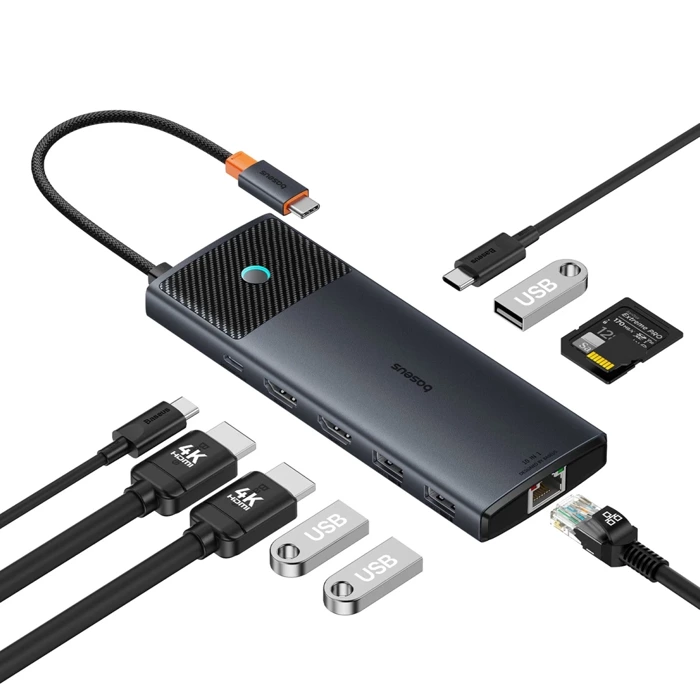 HUB 10in1 Baseus Metal Gleam Series USB-C na USB-C PD / USB-C / 3x USB-A / 2x HDMI / RJ-45 / SD / TF - černá