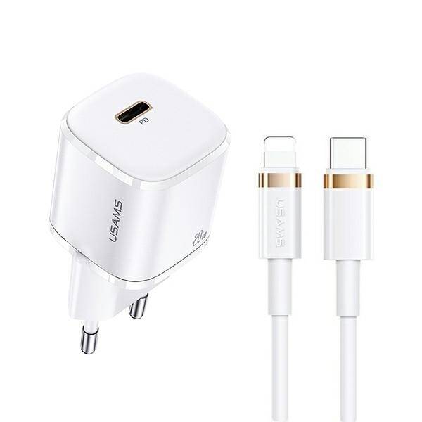 Nabíječka USAMS 1xUSB-C T36 Mini 20W + Kabel USB-C Apple Rychlé nabíjení Lightning PD3.0 Bílá barva