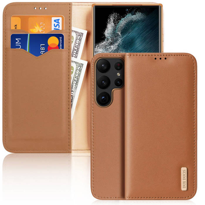 Obal Dux Ducis Hivo obal pro Samsung Galaxy S23 Ultra flip cover wallet stand RFID lock brown Case