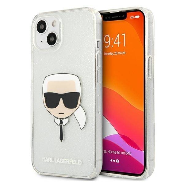 Pouzdro KARL LAGERFELD Apple iPhone 13 Mini Glitter Karl`s Head Silver Hardcase