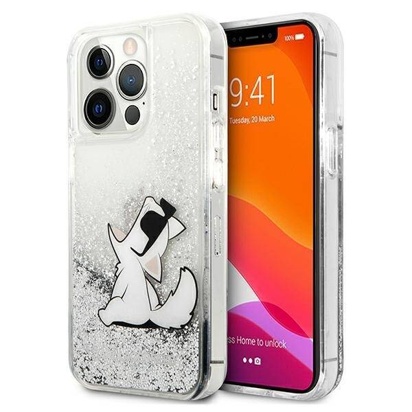 Pouzdro KARL LAGERFELD Apple iPhone 13 Pro Max Liquid Glitter Choupette Fun Silver Hardcase