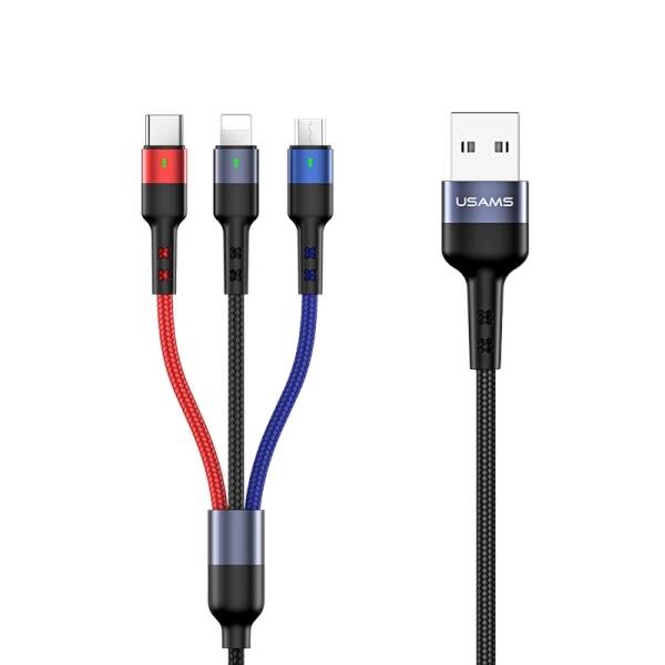 Cable Braided USAMS 3-in-1 Lightning MicroUSB USB-C 2A Fast Charge 0.35m Black