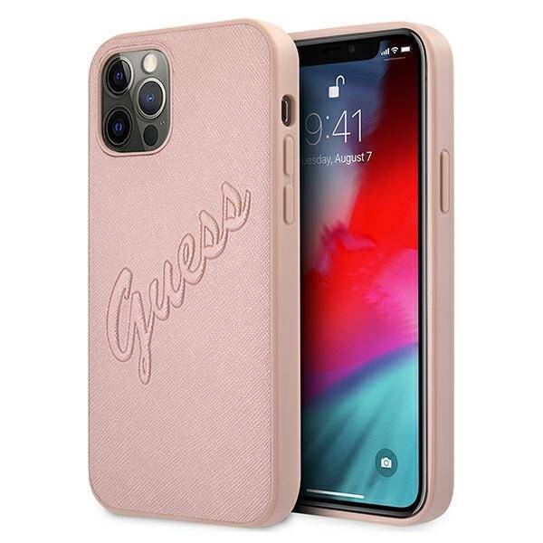 Case GUESS Apple iPhone 12 12 Pro Saffiano Vintage Script Pink Hardcase