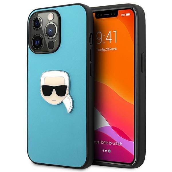 Case KARL LAGERFELD Apple iPhone 13 13 Pro Leather Ikonik Karl`s Head Metal Blue Hardcase