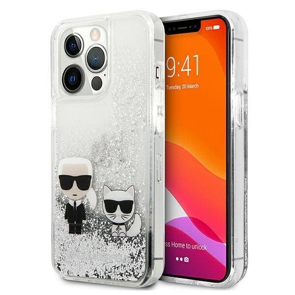 Case KARL LAGERFELD Apple iPhone 13 Pro Max Liquid Glitter Karl &amp; Choupette Silver Hardcase