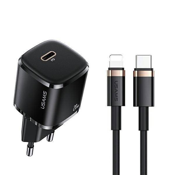 Charger Networked USAMS 1xUSB-C T36 Mini 20W + Cable USB-C Apple Lightning PD3.0 Fast Charging Black