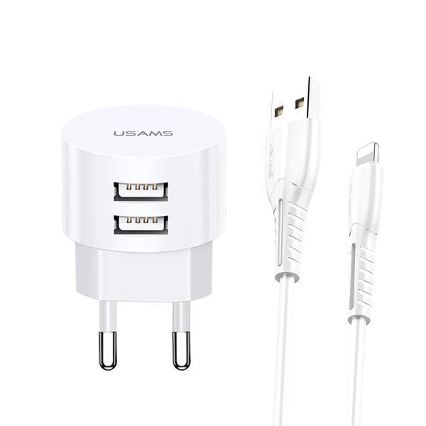 Charger USAMS Networked 2xUSB T20 2.1A Cable Lightning Fast Charging XTXLOGT1804 White