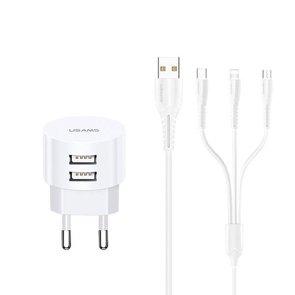 USAMS Charger network 2xUSB T20 2.1A 3in1 lightning+microUSB+USB-C white Fast Charging