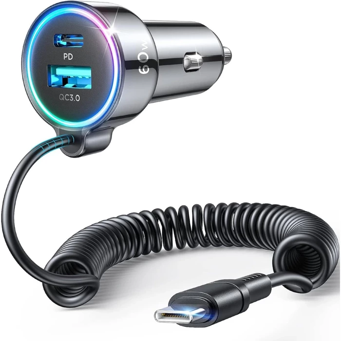 [APRÈS RETOUR] Joyroom Chargeur de voiture rapide 3 en 1 avec câble USB Type C 1,6 m 60 W noir (JR-CL07)