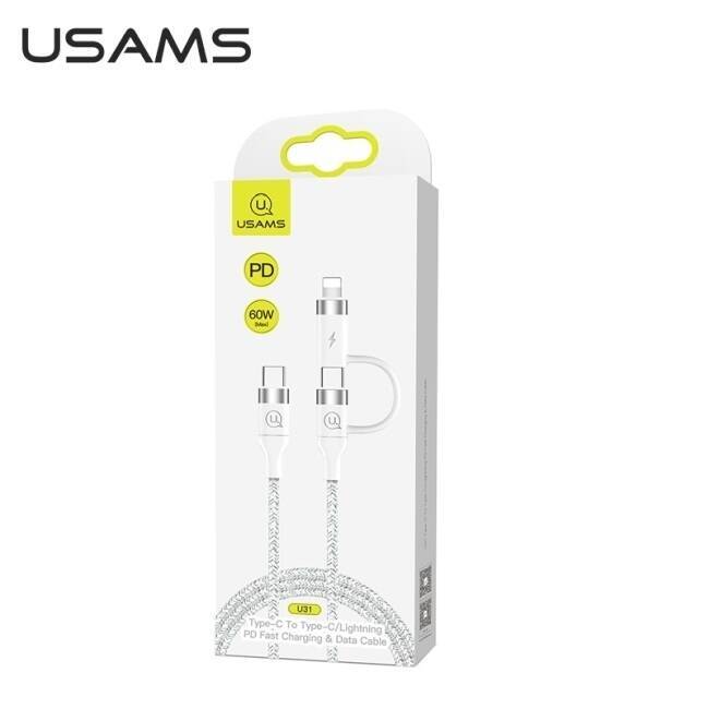 Câble Tresse USAMS USB-C vers USB-C Lightning 60W Charge rapide Blanc