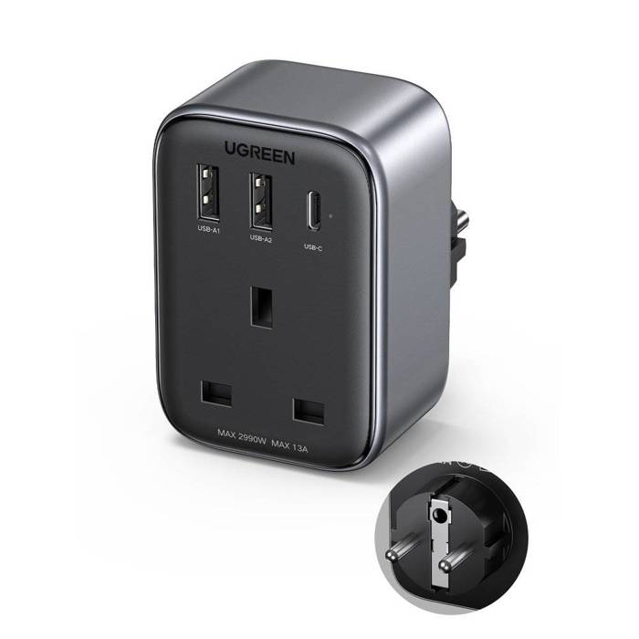 Chargeur adaptateur secteur 30W (2xUSB/USB C/AC) / UK - EU 13A Ugreen CD314 - noir