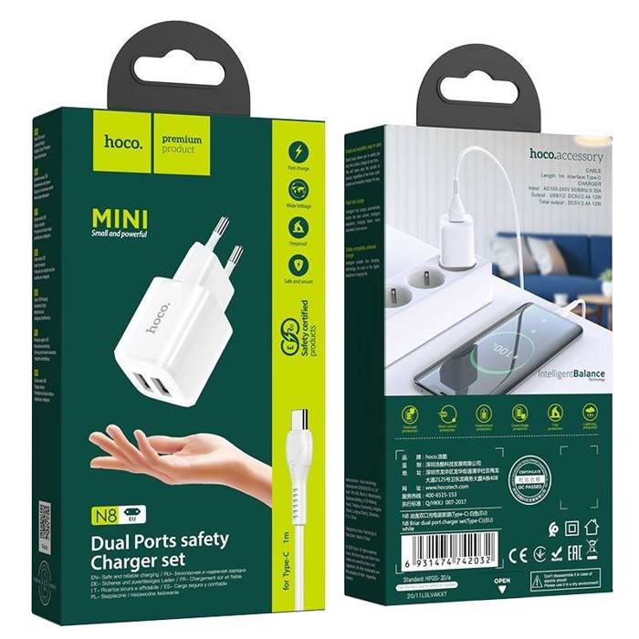 Chargeur secteur HOCO 2xUSB + câble pour Type C 2.4A N8 Briar blanc