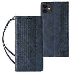 Magnet Strap Case pour iPhone 13 étui portefeuille + mini lanière pendentif bleu