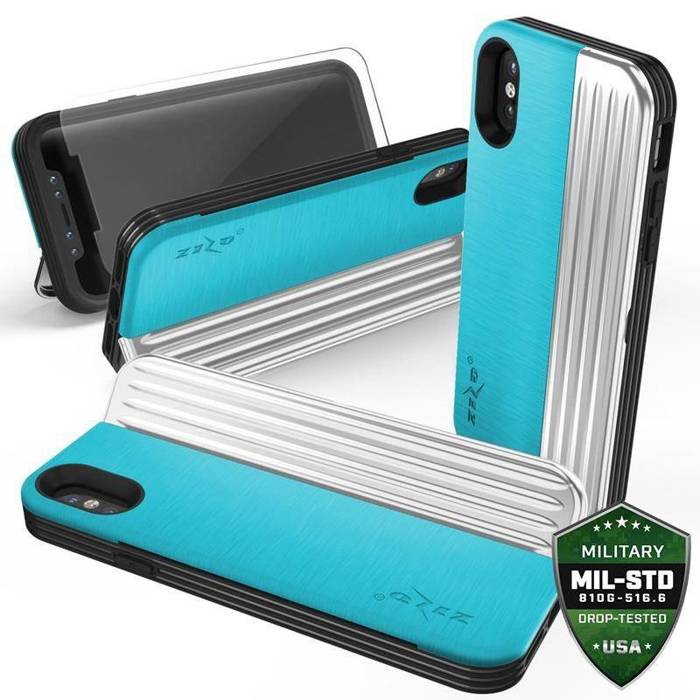 Zizo Retro Series - Coque iPhone Xs / X avec emplacement pour carte + support + verre 9H pour l'écran (Baby Blue/Argent)