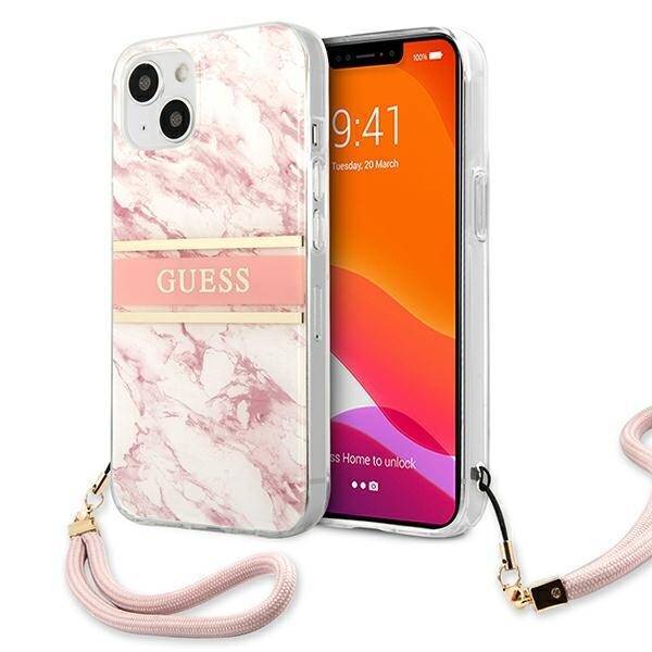 Hülle GUESS Apple iPhone 13 Mini Marmor Riemen Sammlung rosa Hardcase