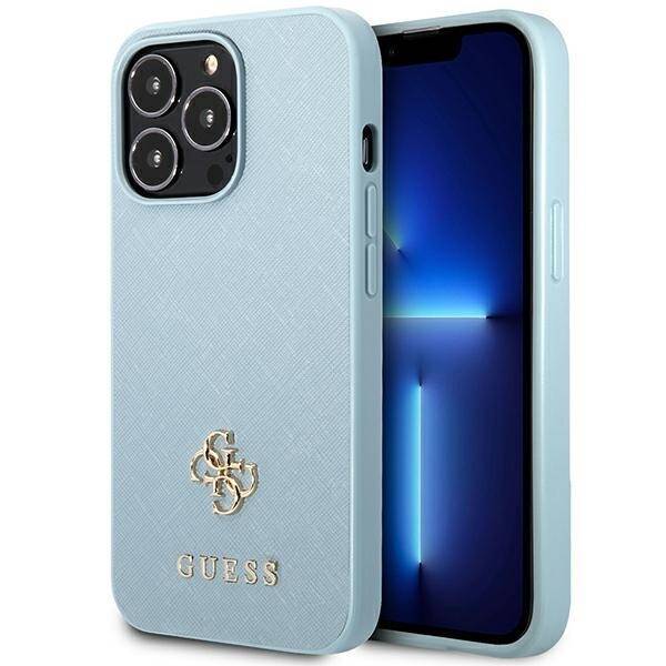 Hülle GUESS Apple iPhone 13 Pro Max Saffiano 4G Klein Metall Logo Blau Hartcase