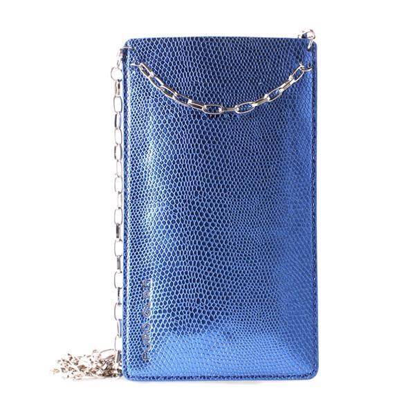 PURO GLAM Chain Univeralhülle für Smartphones mit 2 Kartenfächern mit goldener Kette XL blau