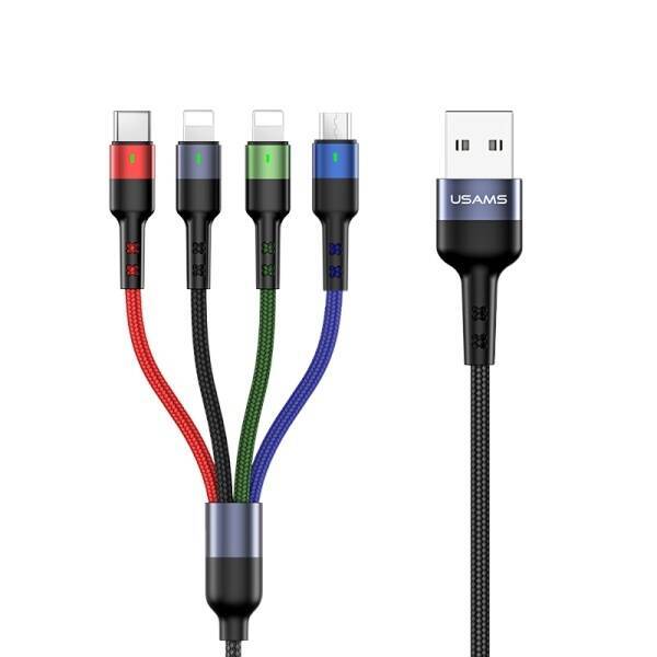 USAMS Flechtkabel 4in1 2xLightning MicroUSB USB-C 2A Schnellladung 0.35m Schwarz