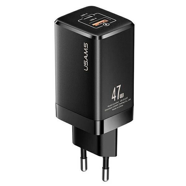 USAMS-Netzaufladung. T41 USB-C+USB GaN 47W PD+QC (nur Kopf) Schnelles Aufladen schwarz/schwarz CC137TC01 (US-CC137)