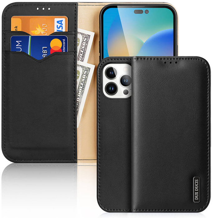 Dux Ducis Hivo Leather Flip Cover Originální kožená peněženka na karty a dokumenty iPhone 14 Pro Max Black