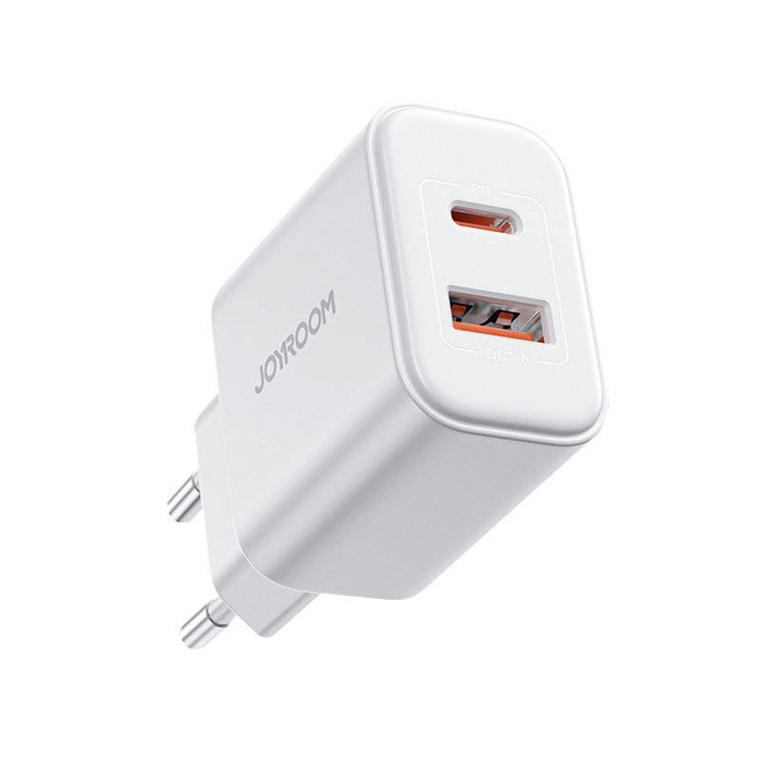 Joyroom JR-TCF05 20W USB-C / USB-A Rychlá dvouportová nástěnná nabíječka – bílá + USB-C – Lightning 1m