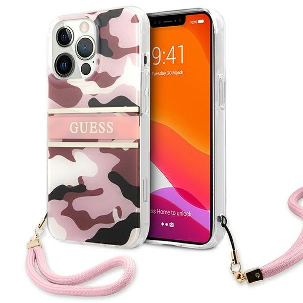 Hülle GUESS Apple iPhone 13 13 Pro Camo Strap Collection Pink Hardcase