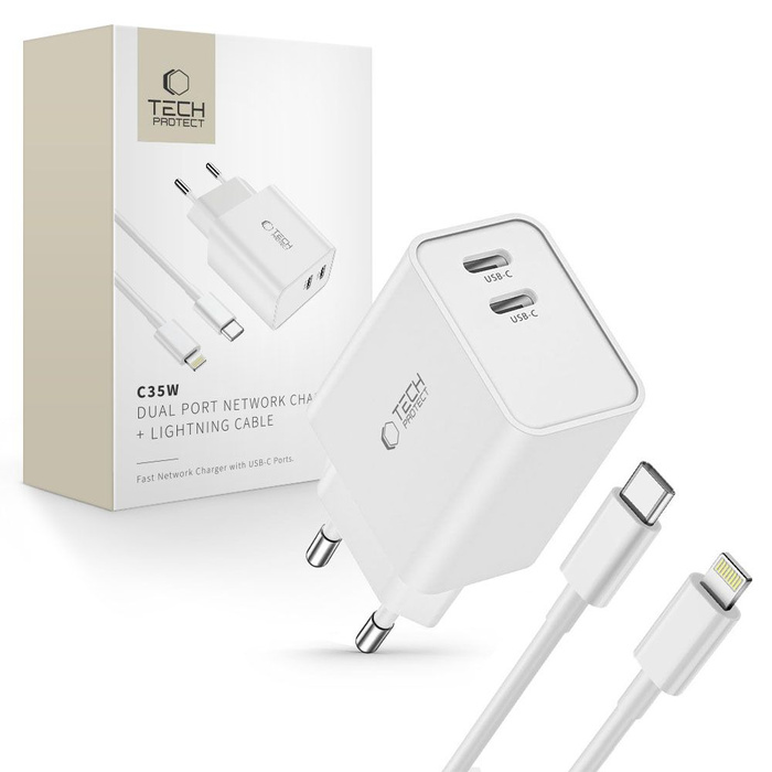 Tech-protect C35w 2 portos hálózati töltő Pd35w + Lightning kábel Fehér