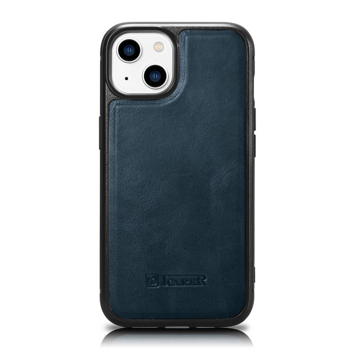 iCarer Leather Oil Wax avec couverture en cuir véritable pour iPhone 14 (compatible MagSafe) bleu (WMI14220717-BU)