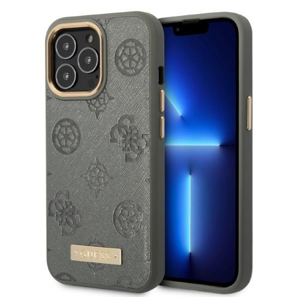 Pouzdro Guess iPhone 13 Pro / 13 6,1" šedá/šedá tvrdácase Pivoňka Logo Plate MagSafe