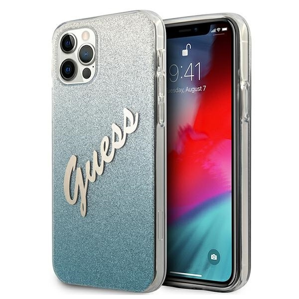 Pouzdro GUESS Apple iPhone 12 Pro Max Glitter Gradient Script GUHCP12LPCUGLSBL Modré pevné pouzdro