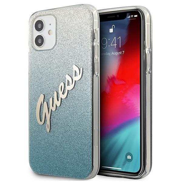 Pouzdro GUESS Apple iPhone 12 Mini Glitter Gradient Script GUHCP12SPCUGLSBL Modré pevné pouzdro