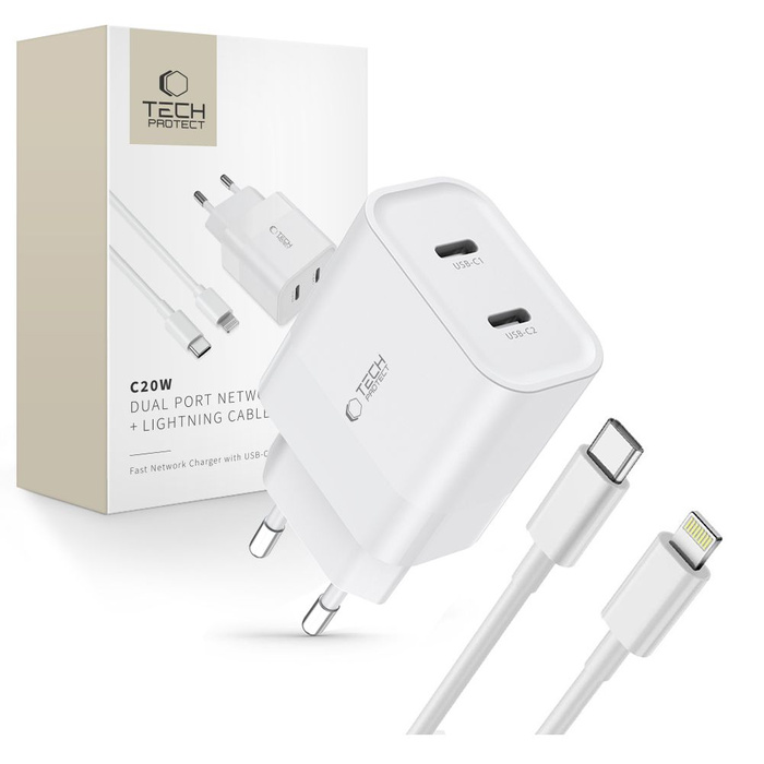 TECH-PROTECT C20W 2-PORTOVÁ SÍŤOVÁ NABÍJEČKA PD20W + LIGHTNING KABEL BÍLÁ