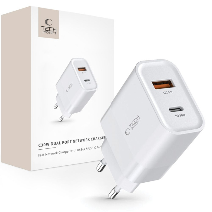 TECH-PROTECT C30W 2-PORT NETZWERK-LADEGERÄT PD30W/QC3.0 WEISS