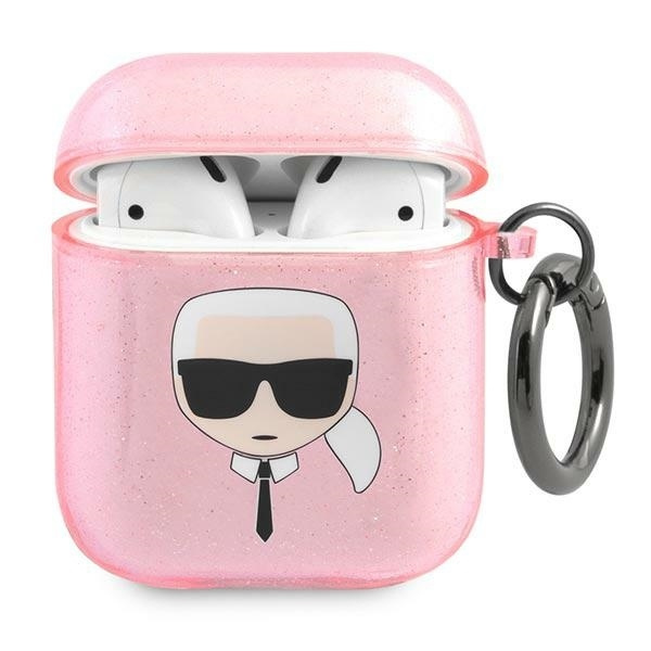 Coque KARL LAGERFELD Apple Housse AirPods Paillettes Tête de Karl rose