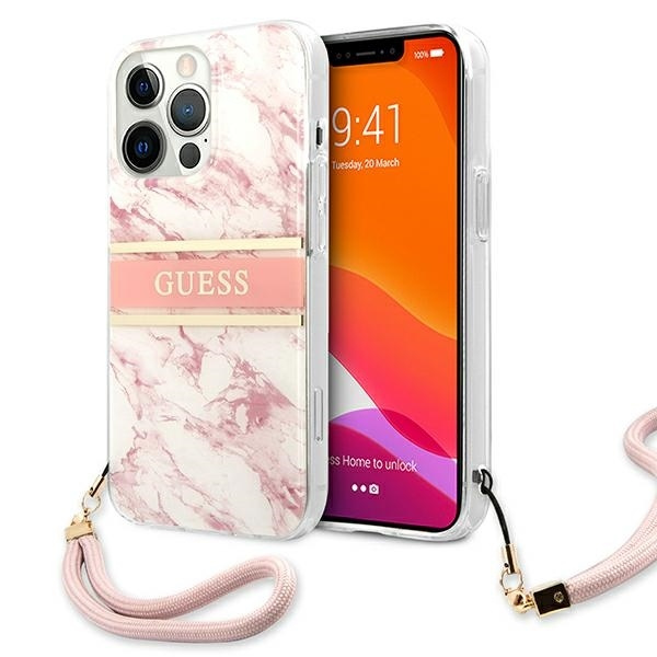 Hülle GUESS Apple iPhone 13 Pro Max Marmor Riemen Sammlung Rosa Hardcase