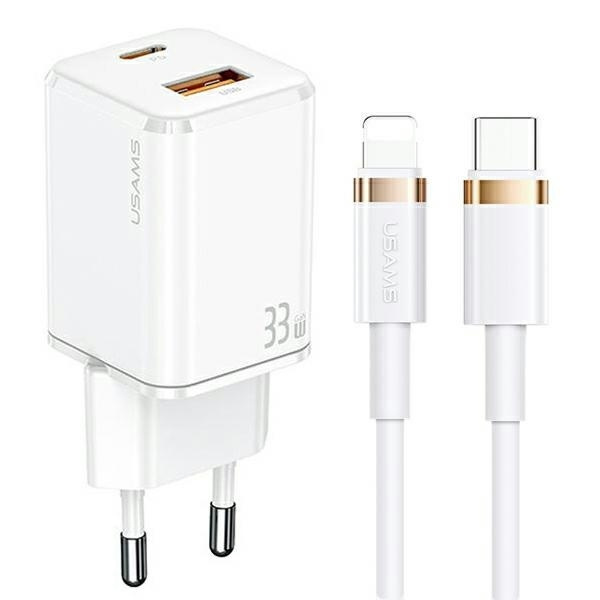 USAMS Network charge. 1xUSB-C+1xUSB T43 33W PD3.0 +QC3.0 + cable U63 USB-C to lightning white/white USKTZ02