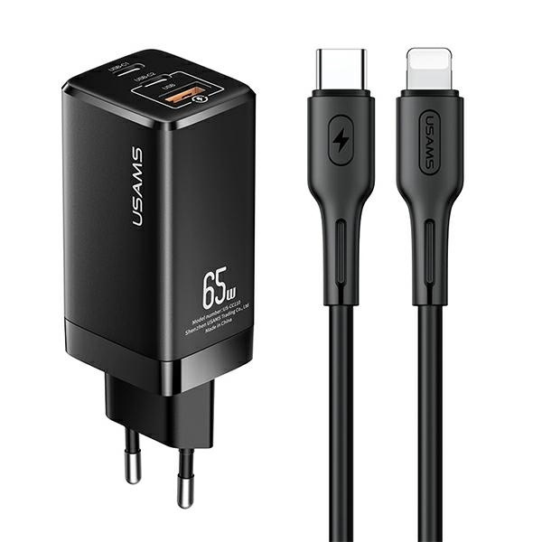 Nabíječka USAMS 2xUSB-C USB-A GaN 65W MT PD Kabel USB-C Apple Lightning 30W Rychlé nabíjení MTXLOGTL01 Černá barva