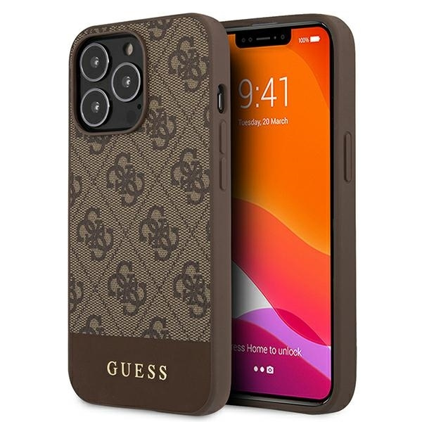 Pouzdro GUESS Apple iPhone 13 Pro Max 4G Stripe Collection Brown Hardcase