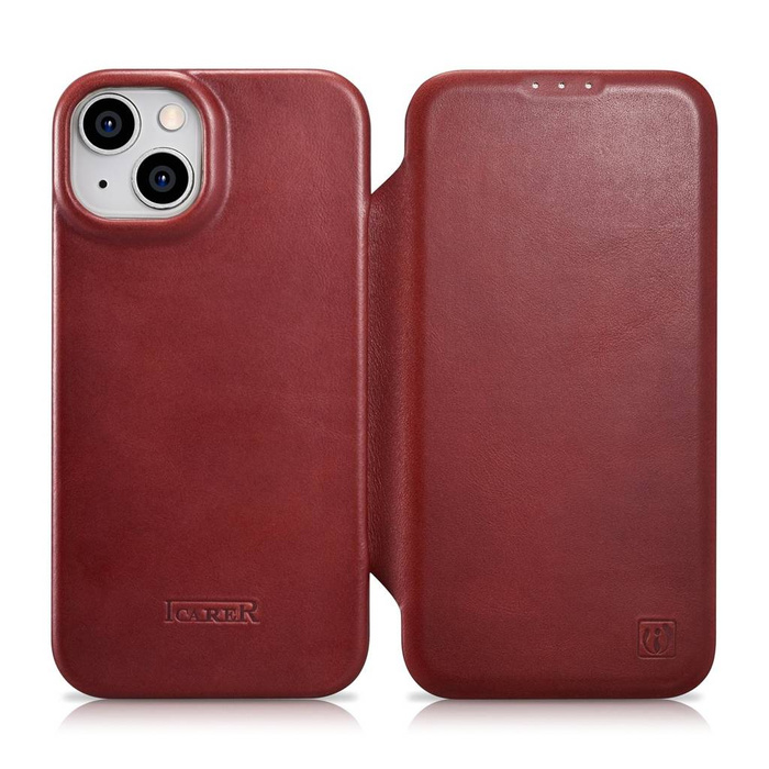 iCarer CE Oil Wax Premium Leather Folio Case Étui en cuir pour iPhone 14 Plus Flip magnétique MagSafe rouge (AKI14220707-RD)