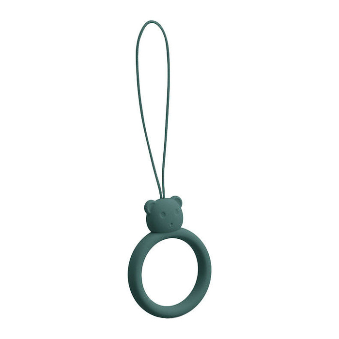 A silicone lanyard for a phone bear ring on a finger bottle green