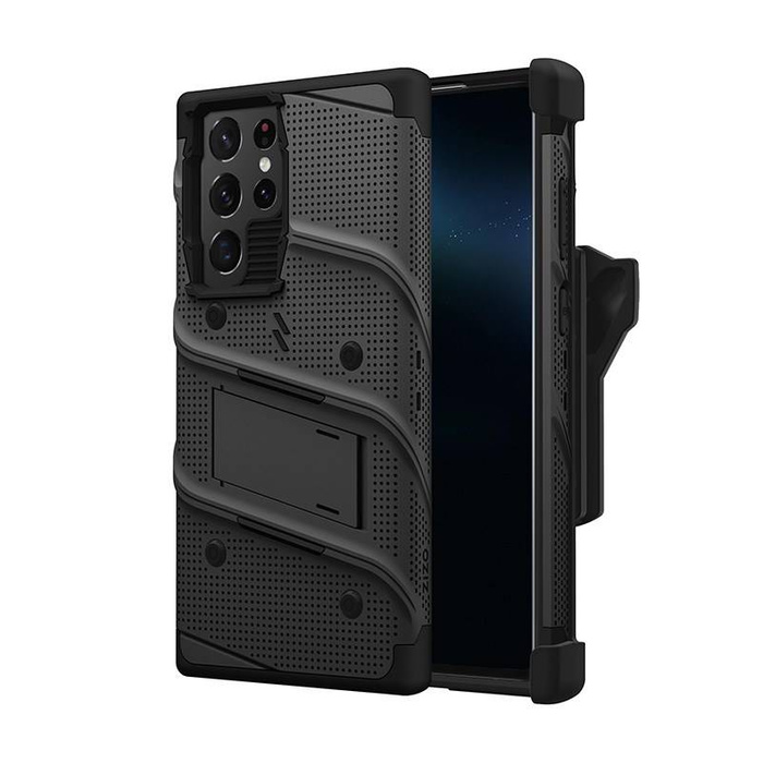 ZIZO BOLT Series - Samsung Galaxy S22 Ultra armored Case with 9H glass for the screen + Holder with a stand (black)