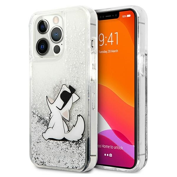 Pouzdro KARL LAGERFELD Apple iPhone 13 Pro Liquid Glitter Choupette Fun Silver Hardcase