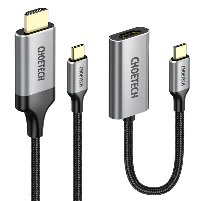 Kit adaptateur Choetech HUB USB Type C - HDMI 2.0 (3840 x 2160 @ 60Hz) gris (HUB-H12) + câble USB Type C - HDMI (3840 x 2160 @ 60Hz) 2m gris (CH0021) 