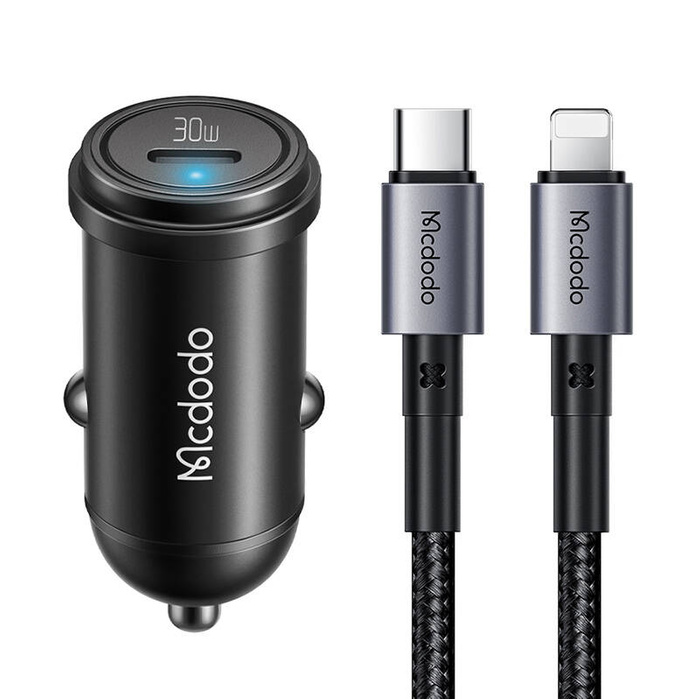 Mcdodo CC-7492 car charger, USB-C, 30W + USB-C to Lightning cable (black)