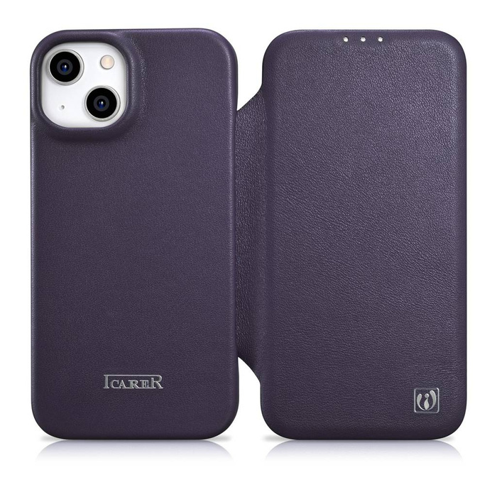 Kožené pouzdro iCarer CE Premium Leather Folio Case iPhone 14 Flip Magnetic MagSafe Leather Case Dark Purple (WMI14220713-DP)