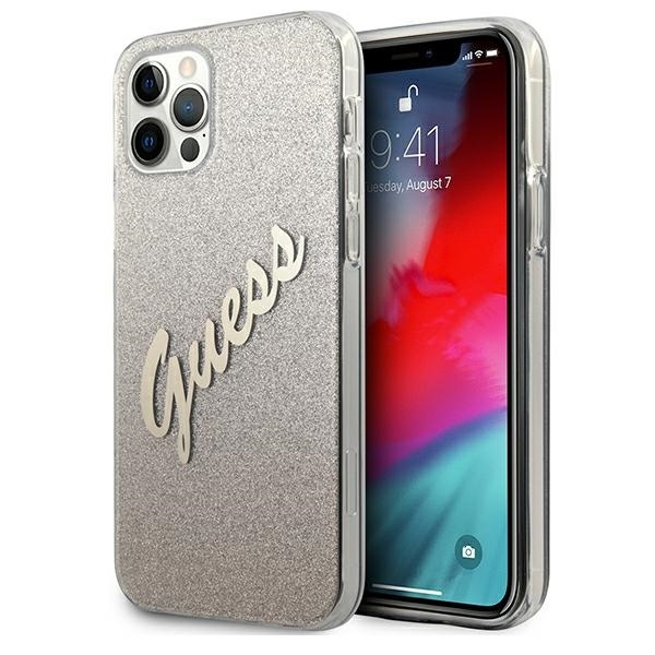 Pouzdro GUESS Apple iPhone 12 12 Pro Glitter Gradient Script GUHCP12MPCUGLSGO Zlaté pevné pouzdro