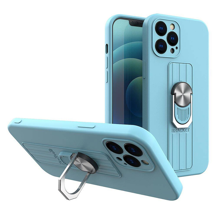 Ring Case silicone case with finger grip and stand for iPhone 12 light blue