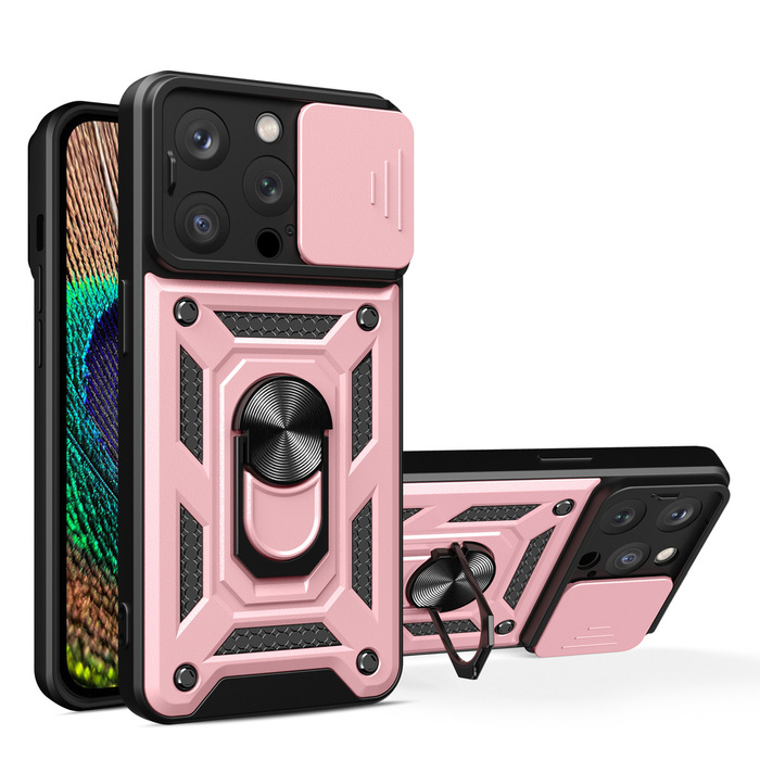 Coque Hybrid Armor Camshield avec support et cache caméra pour iPhone 15 Pro - rose