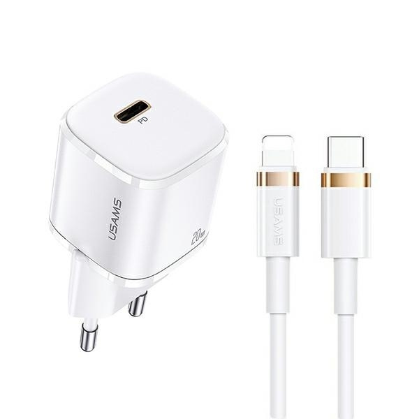 USAMS 1xUSB-C T36 Mini 20W Ladegerät + Apple Lightning PD3.0 Schnellladekabel USB-C Weiß